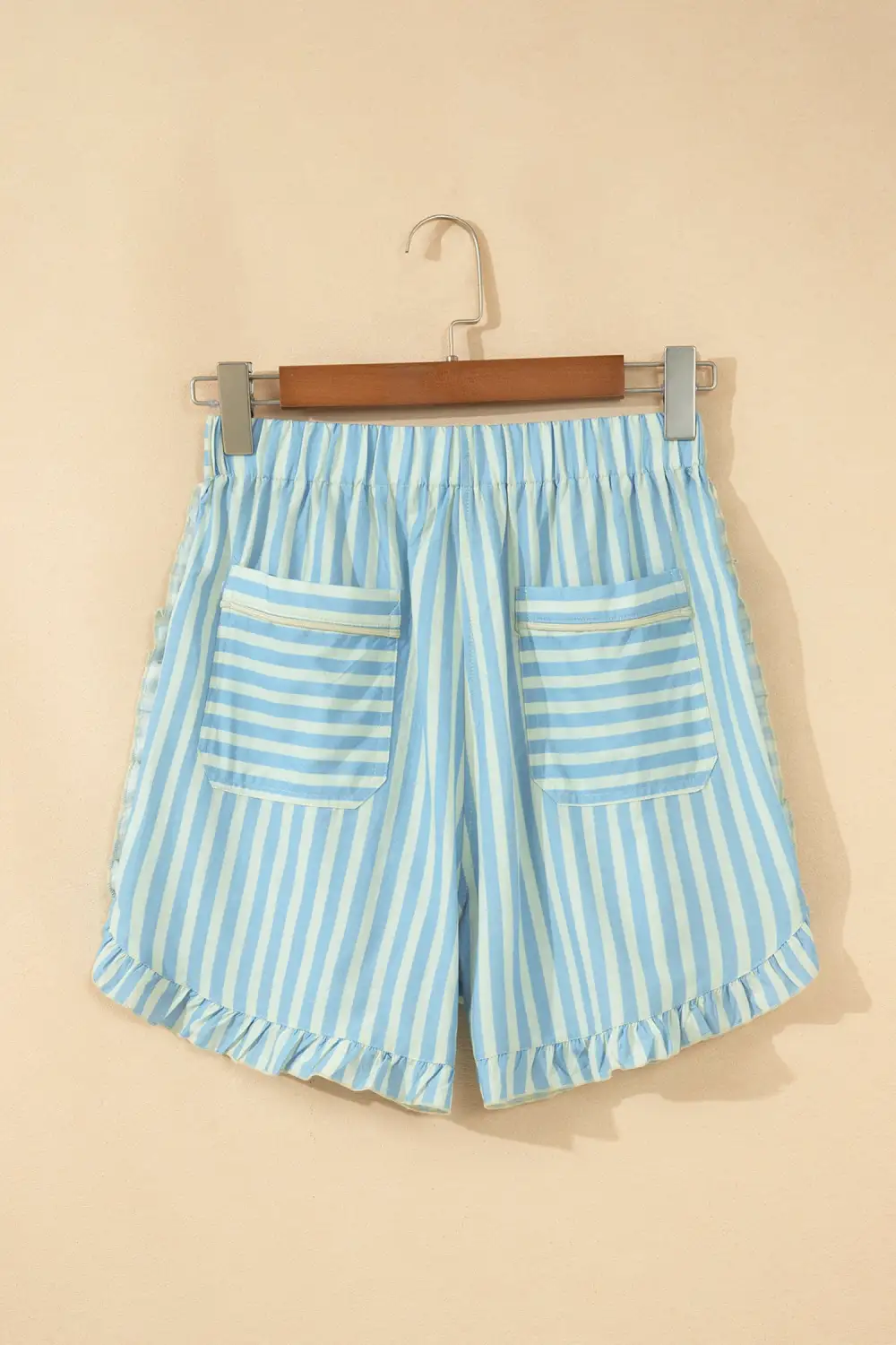 Elastic-Waist Ruffled Striped Casual Shorts