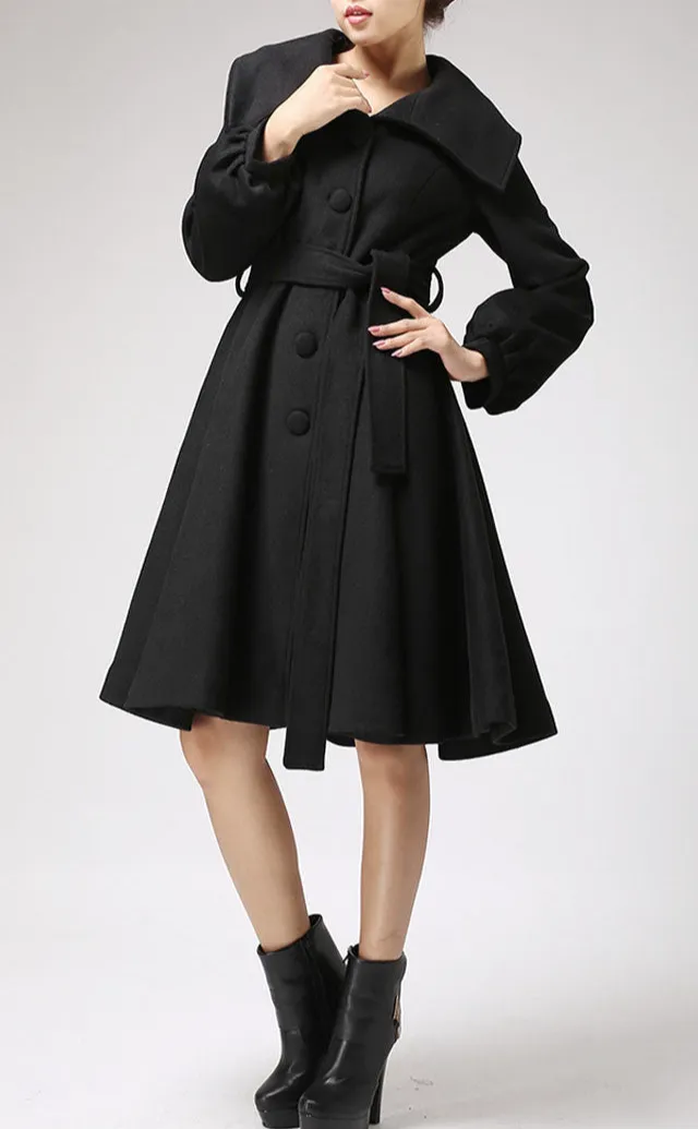 Refined Wool Blend Fit and Flare Lantern Sleeve Midi Coat