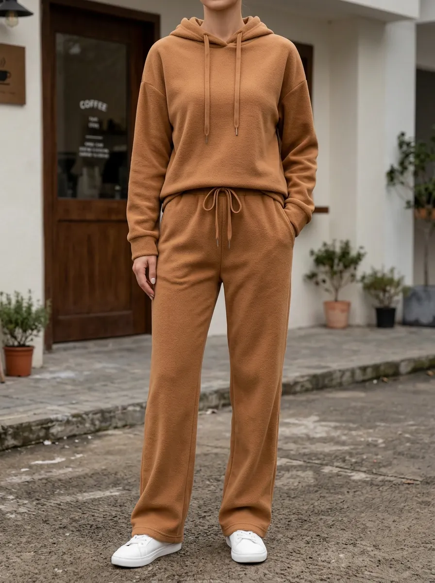 Women's Solid Camel Fleece Hooded Long Sleeve Straight Pants Set