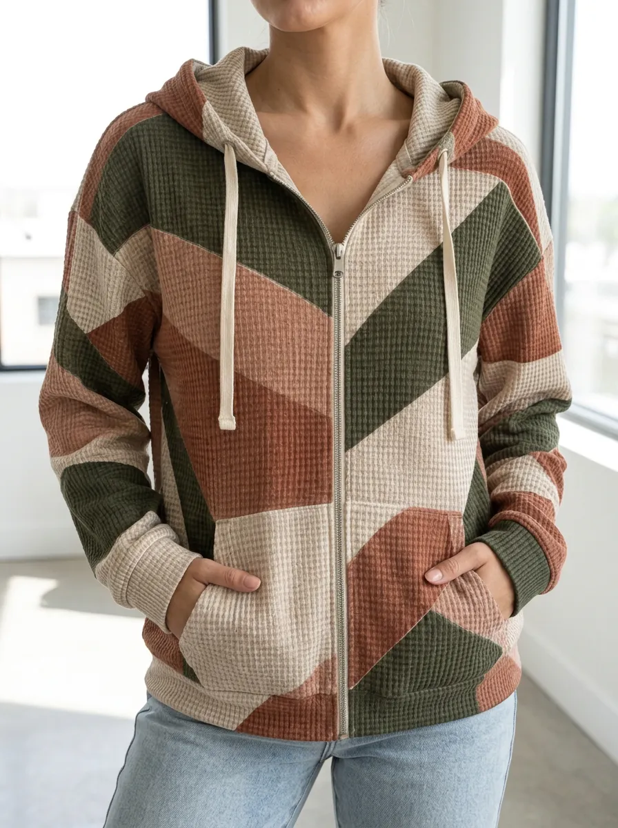 Women's Geometric Colorblock Artful Detail Waffle Zip-Up Hoodie