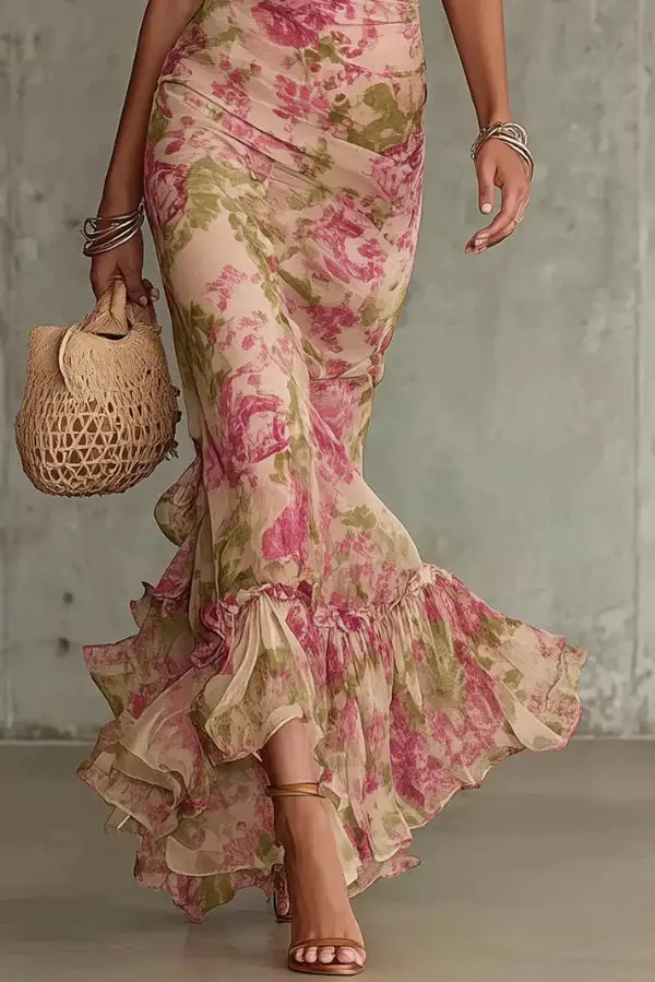 Balanced Romantic Ruffled Ruffle Sleeve And Flowing Maxi Skirt Set