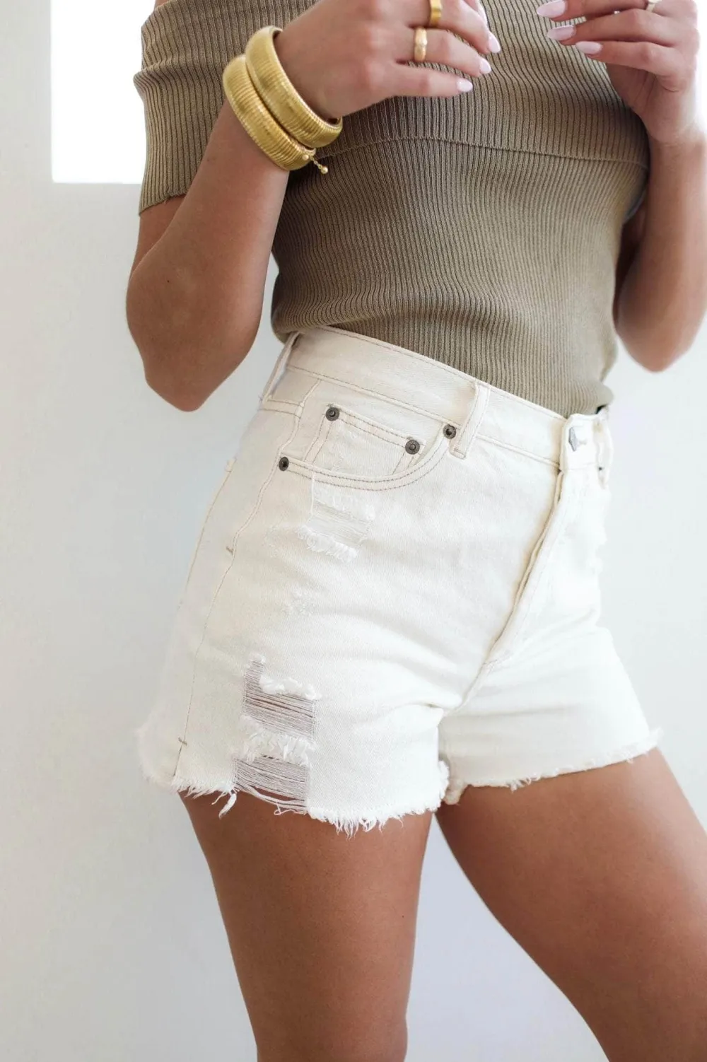 Cotton Frayed Hem Distressed Denim Shorts
