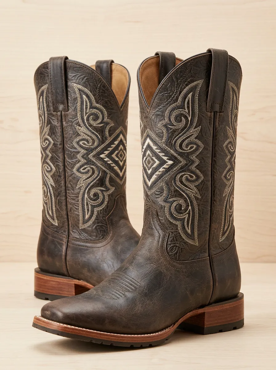 Men's Western Cowboy Geometric Embroidered Printed Boots