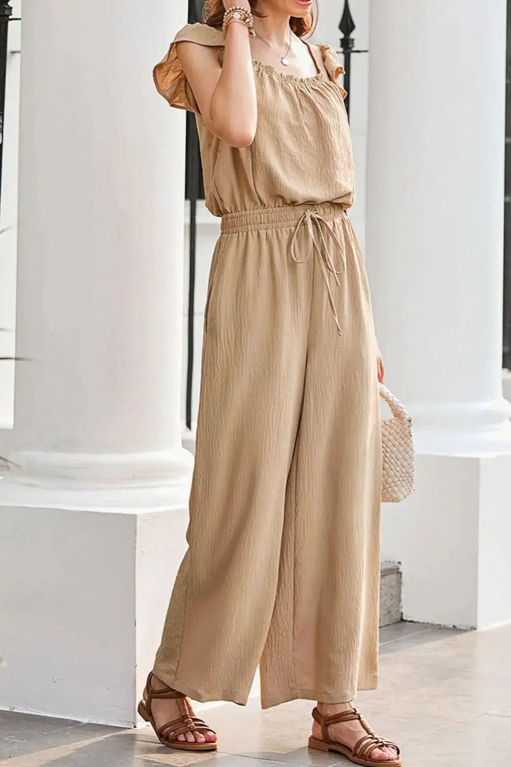 Ruffled Cap Sleeve Wide Leg Jumpsuit Accessory