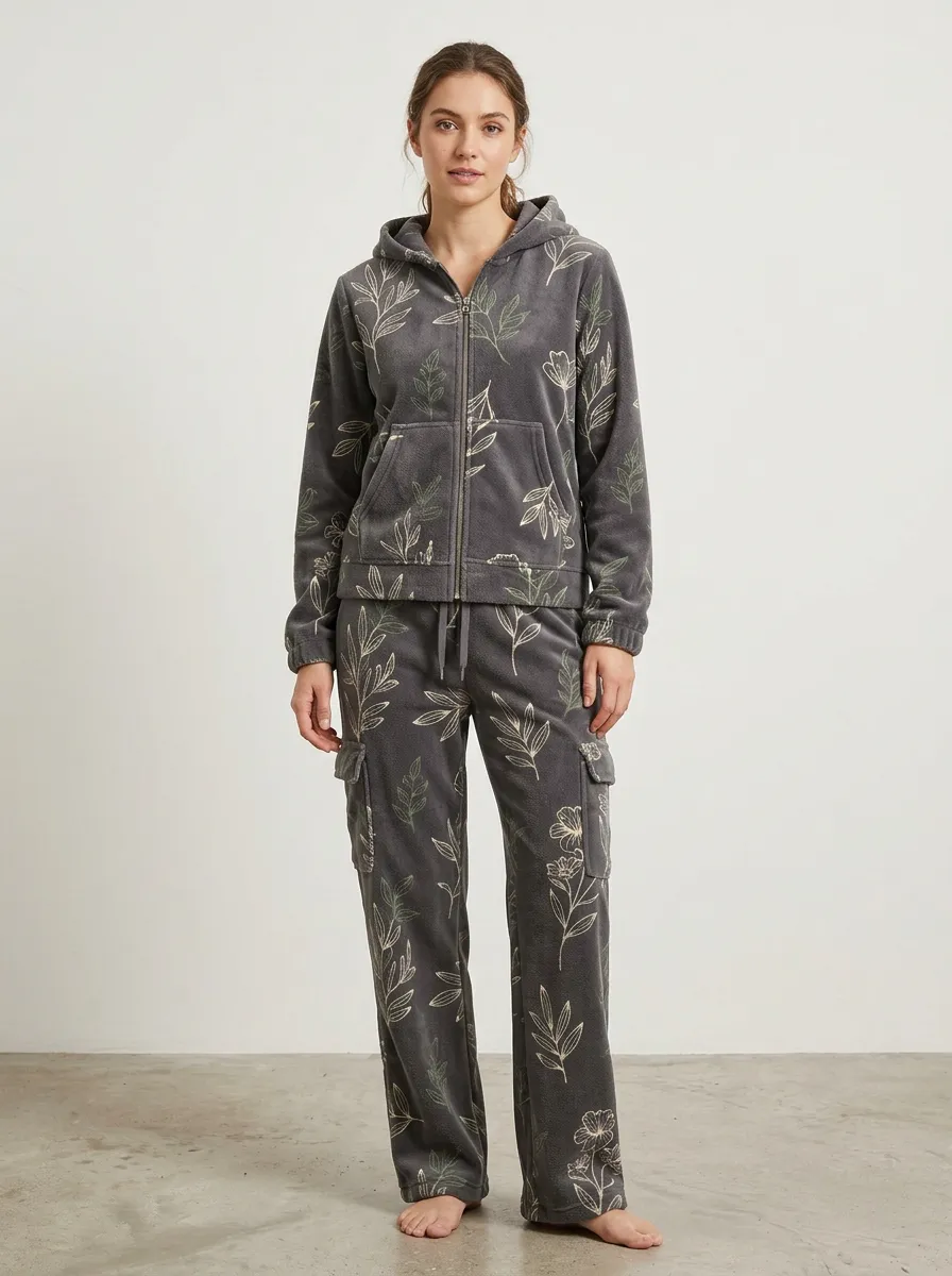 Women's Floral Print Zip-Up Hoodie And Cargo Lounge Set