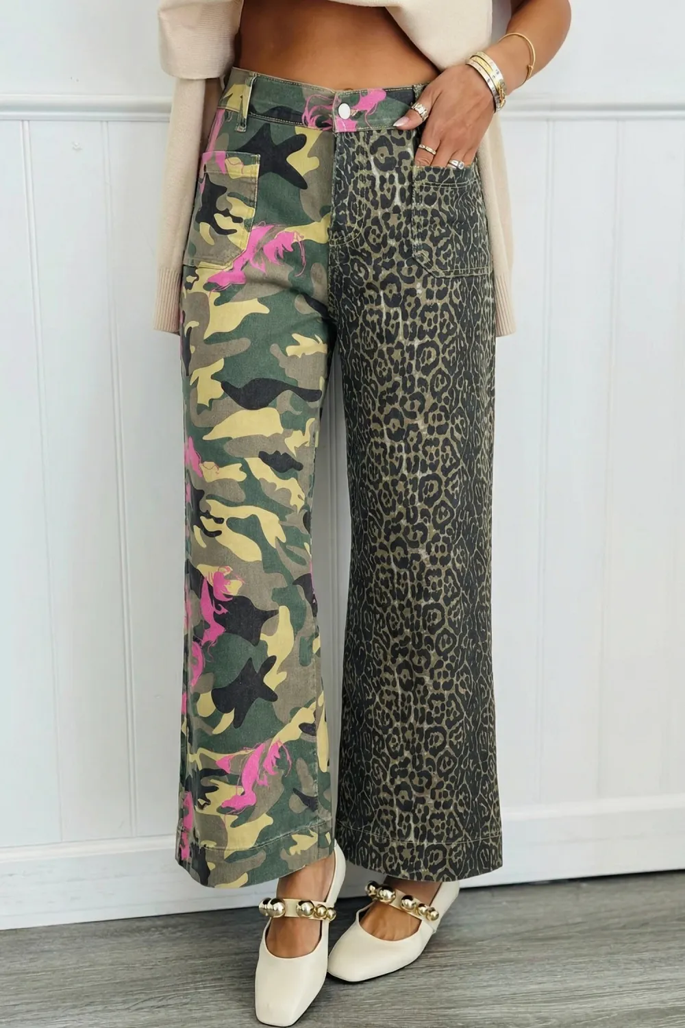 Mixed Print Straight Leg Jeans