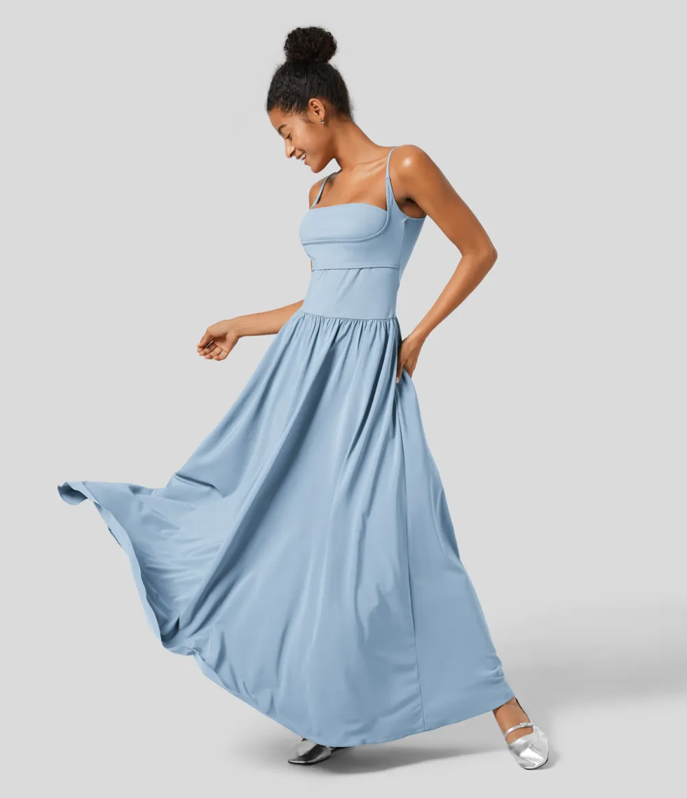 Breezeful Backless Side Pocket Plicated Flowy Flare Maxi Quick Dry Casual Slip Dress