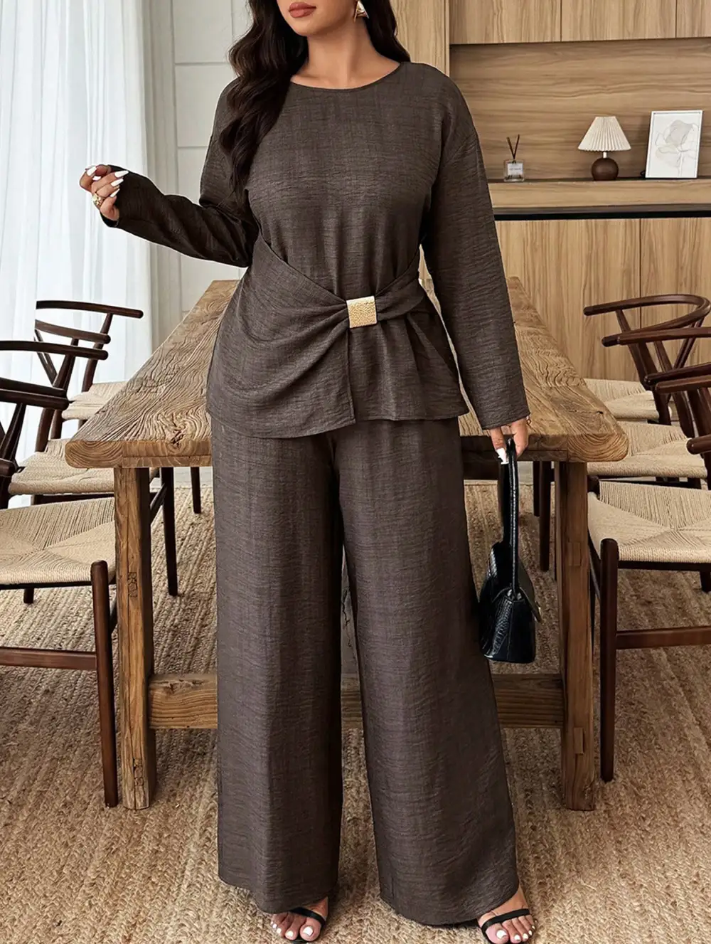 Fitted Round Neck Top and Wide Leg Pants Suit