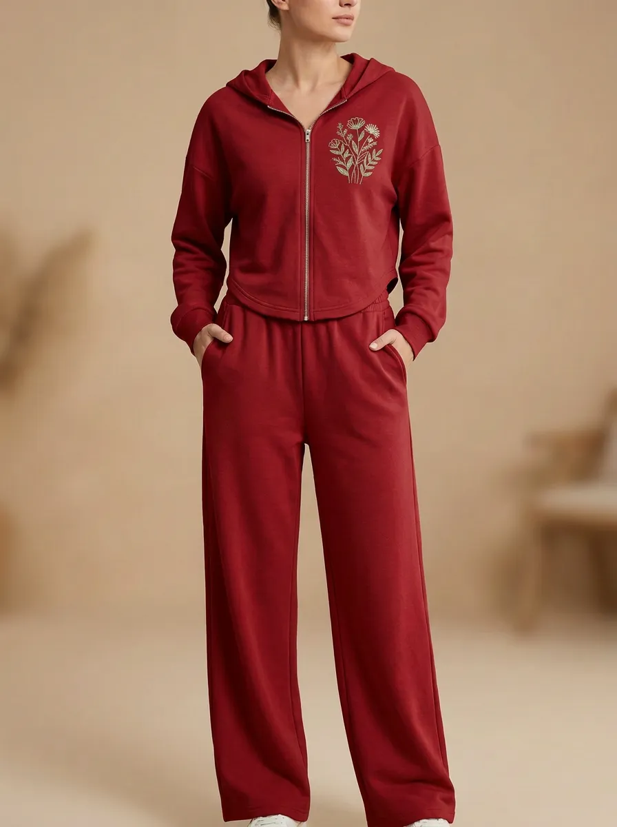 Women's Floral Embroidered Cropped Zip-Up Hoodie And Wide-Leg Trouser Lounge Set