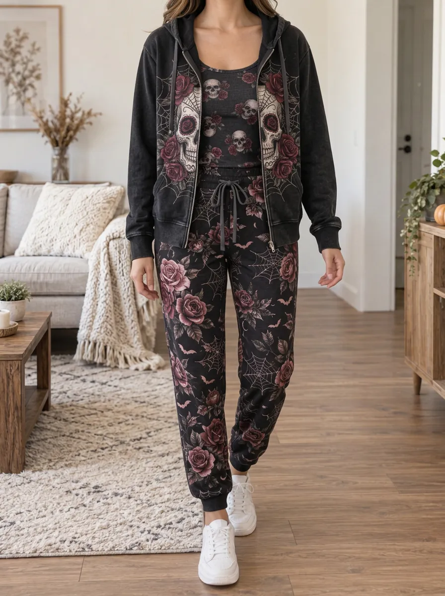 Women's Halloween Gothic Skull Rose Spiderweb Coordinated Lounge Set