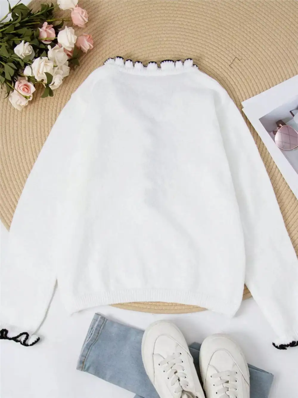 Ruffled Trim Button Front Sweater