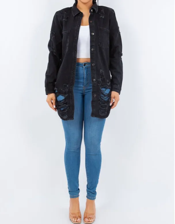 Distressed Button-Up Long-Sleeve Denim Jacket