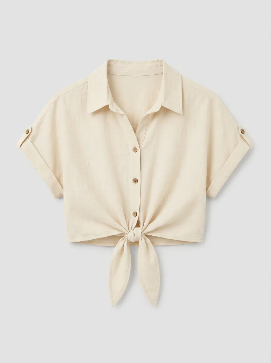 Women's Up Shirt Casual Beige Linen Blend Tie Front Button