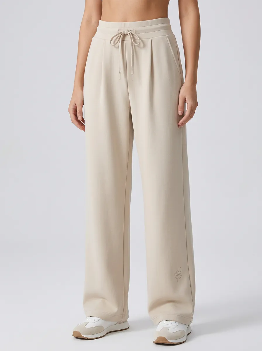 Women's Minimalist Beige Leaf Embroidered Wide Leg Pants