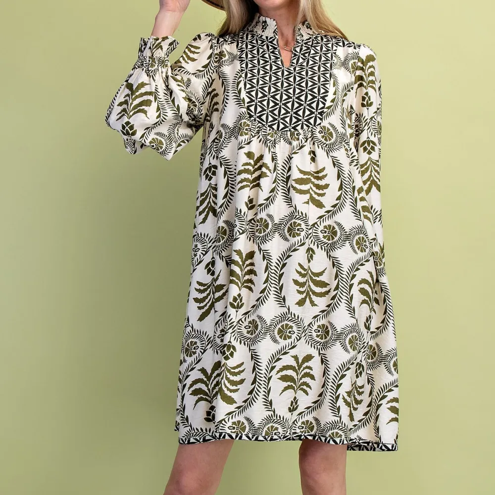 Smocked Ruffle Detail Long Sleeve Dress