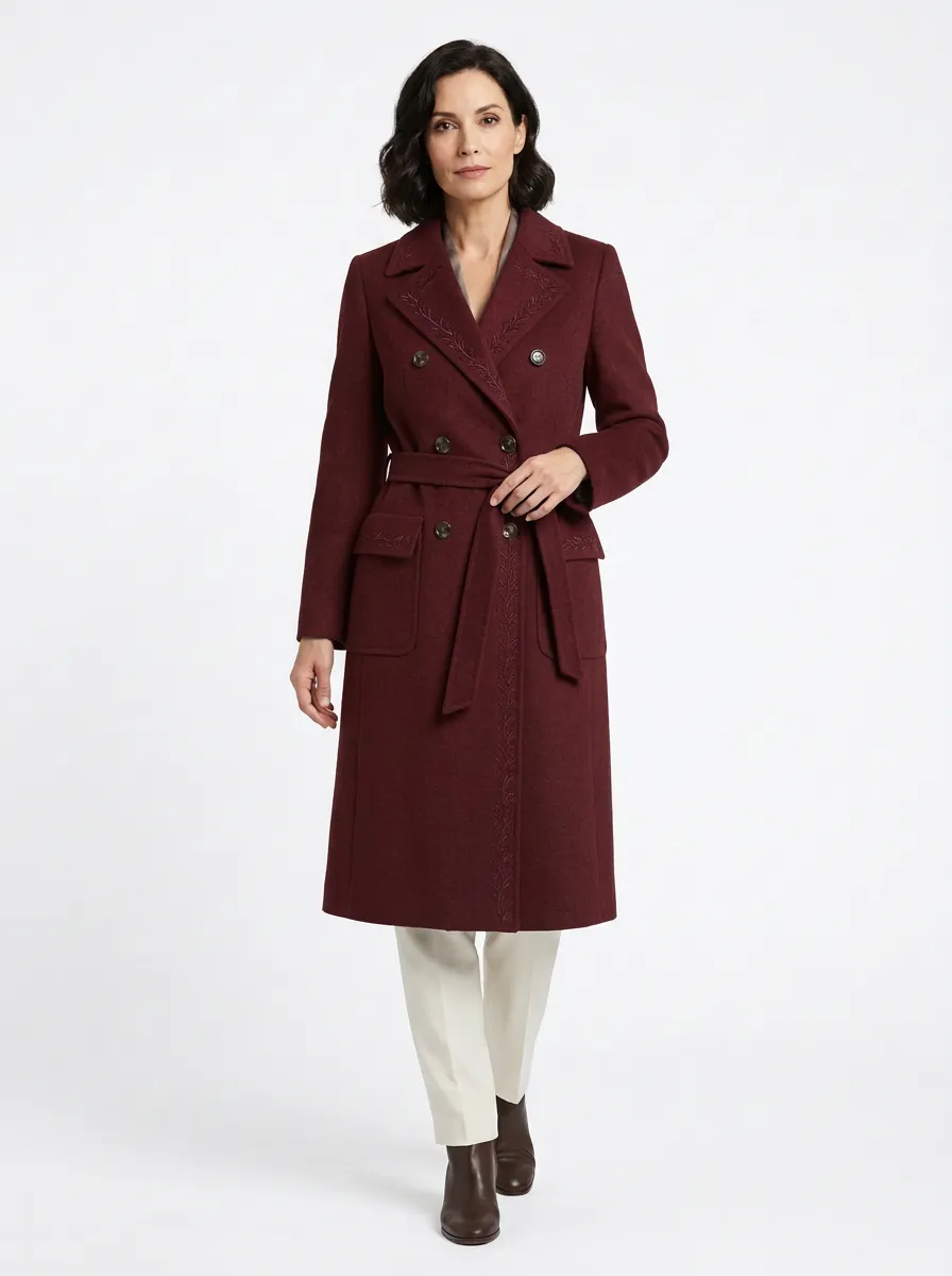 Women's Elegant Floral Embroidered Charcoal Gray Belted Wool Coat