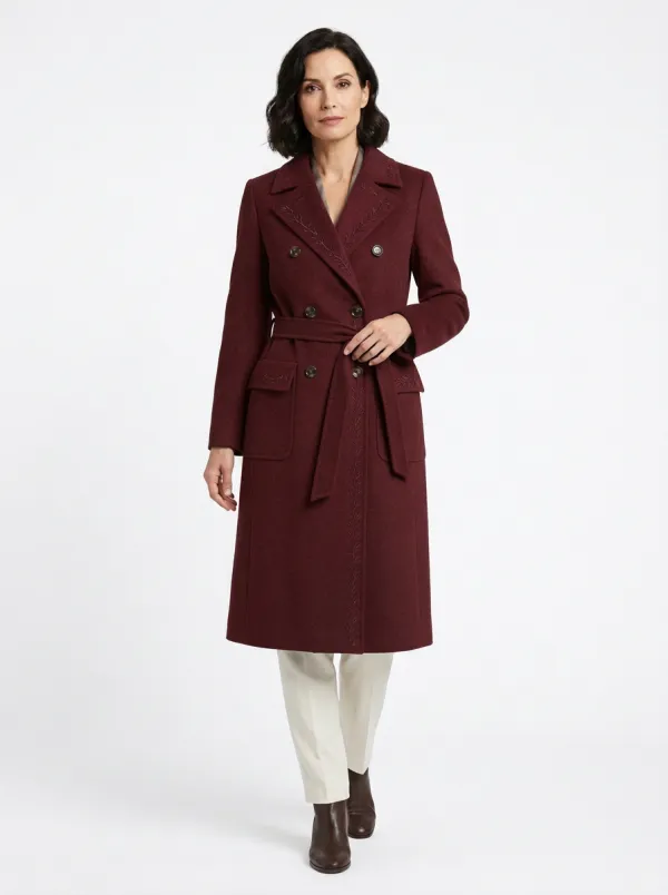 Women's Elegant Floral Embroidered Charcoal Gray Belted Wool Coat