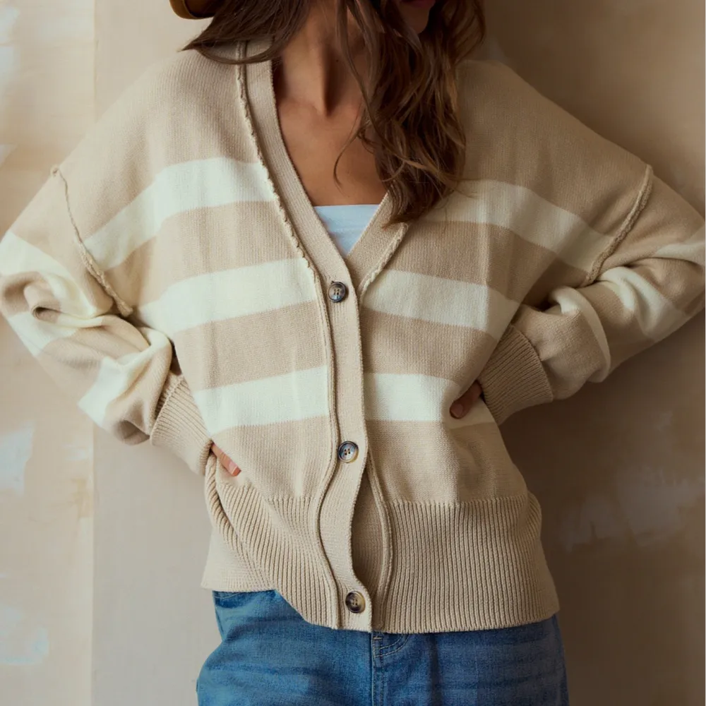 Modern Ribbed Button Front Dropped Shoulder Striped Cardigan
