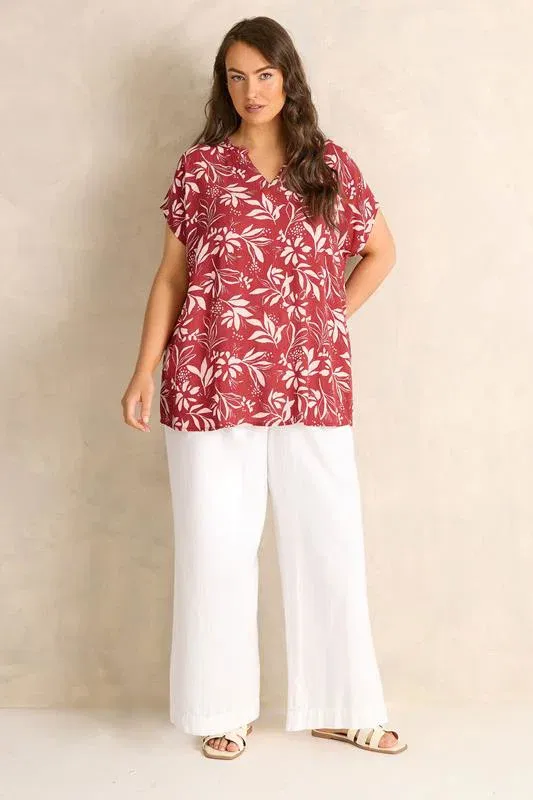 Orange Leaf Print Notch Neck Blouse