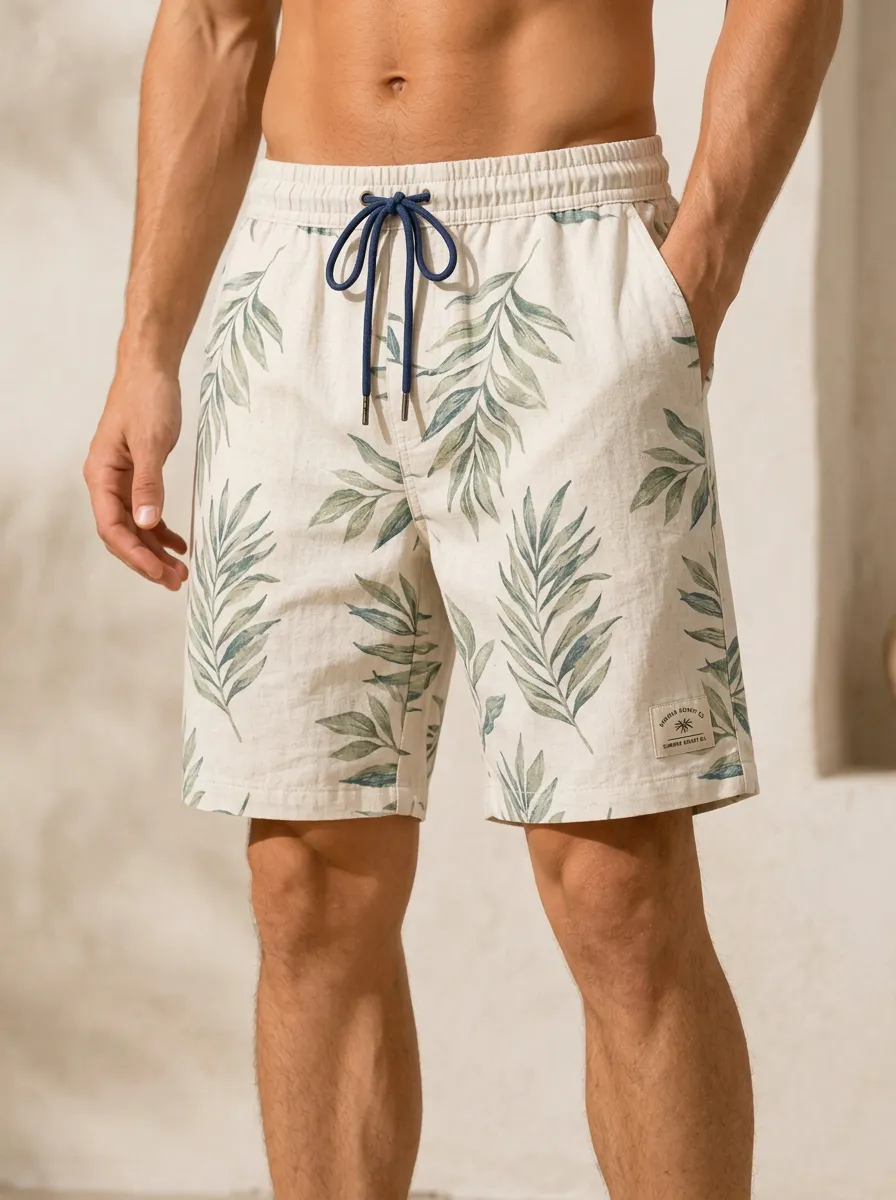 Men's Summer Beach Tropical Leaf Printed Shorts