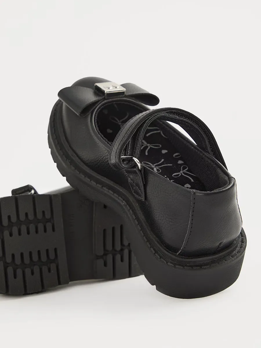 Black Leather Look Bow Chunky Mary Jane School Shoes