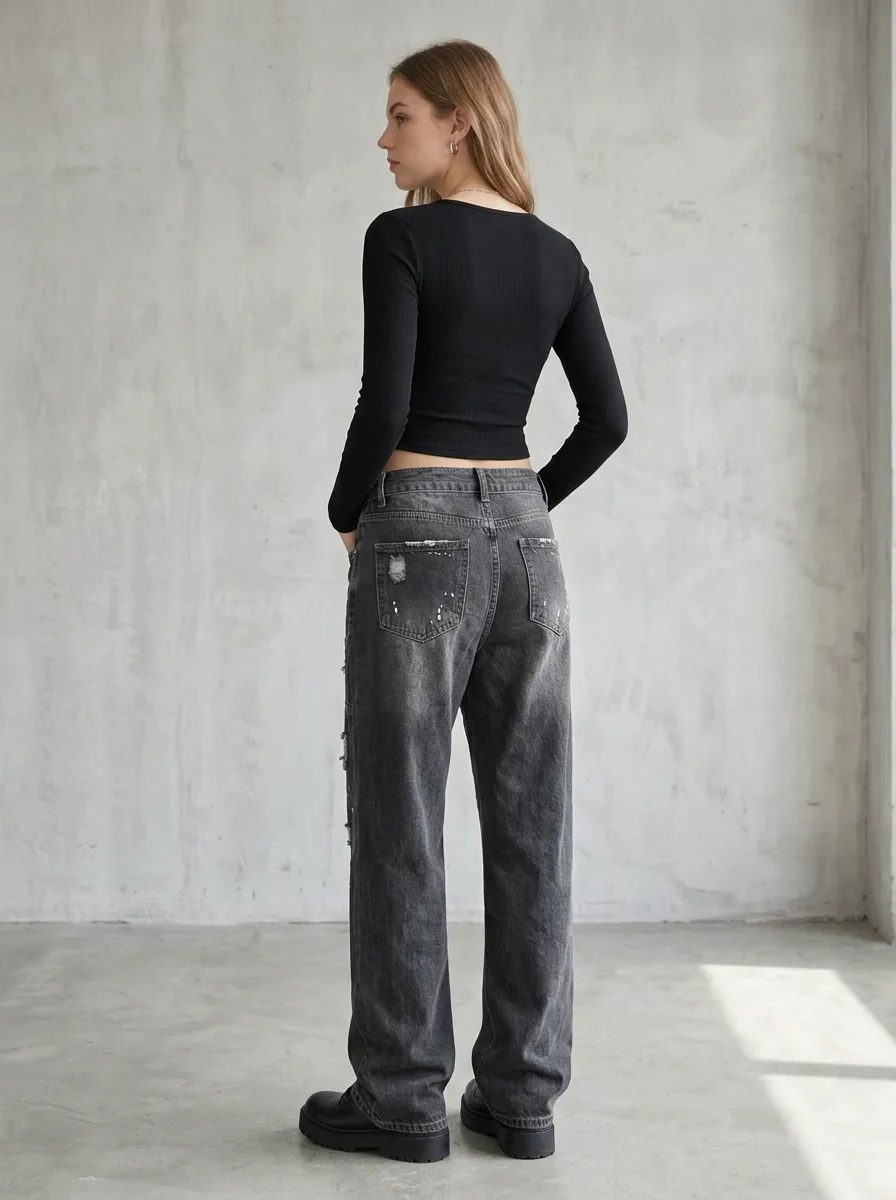 Women's Distressed Washed Black Patchwork Printed Jeans