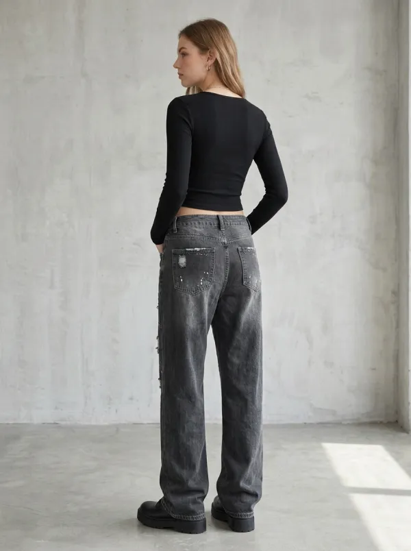 Women's Distressed Washed Black Patchwork Printed Jeans