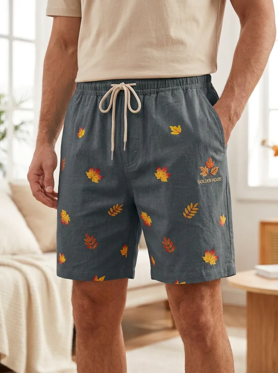 Maple Leaf Print Drawstring Tones Shorts