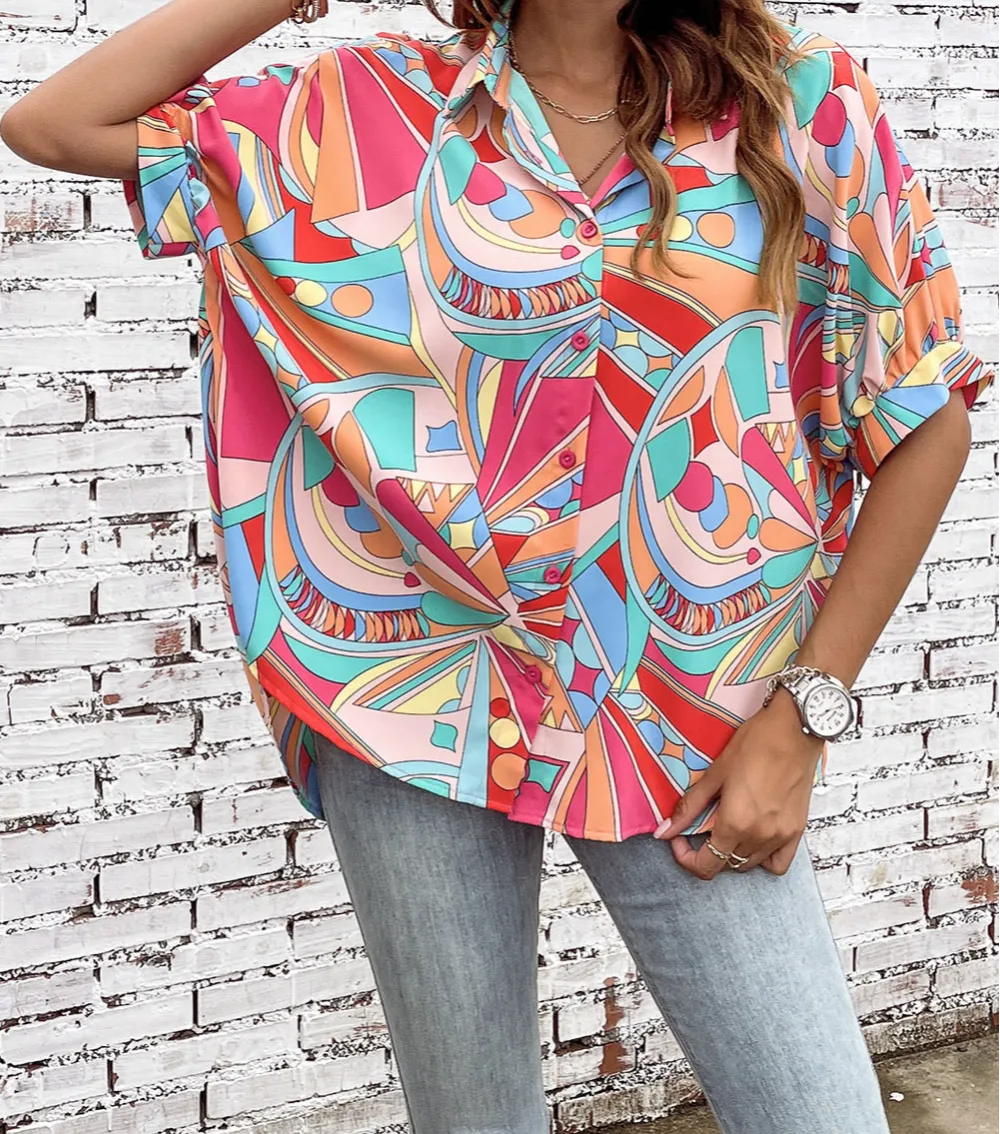 Abstract Print Puff Sleeve Relaxed Fit Shirt Blouse