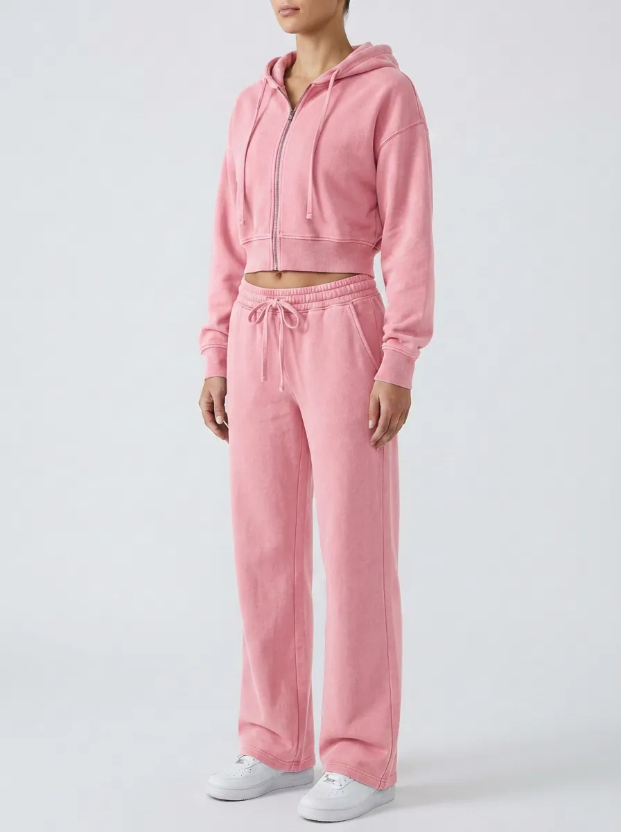 Women's Classic Washed Sport Inspired Cropped Hooded Jacket and Flare Pants Active Set