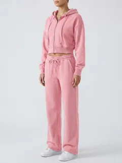 Women's Classic Washed Sport Inspired Cropped Hooded Jacket and Flare Pants Active Set