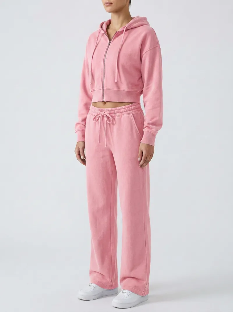 Women's Classic Washed Sport Inspired Cropped Hooded Jacket and Flare Pants Active Set