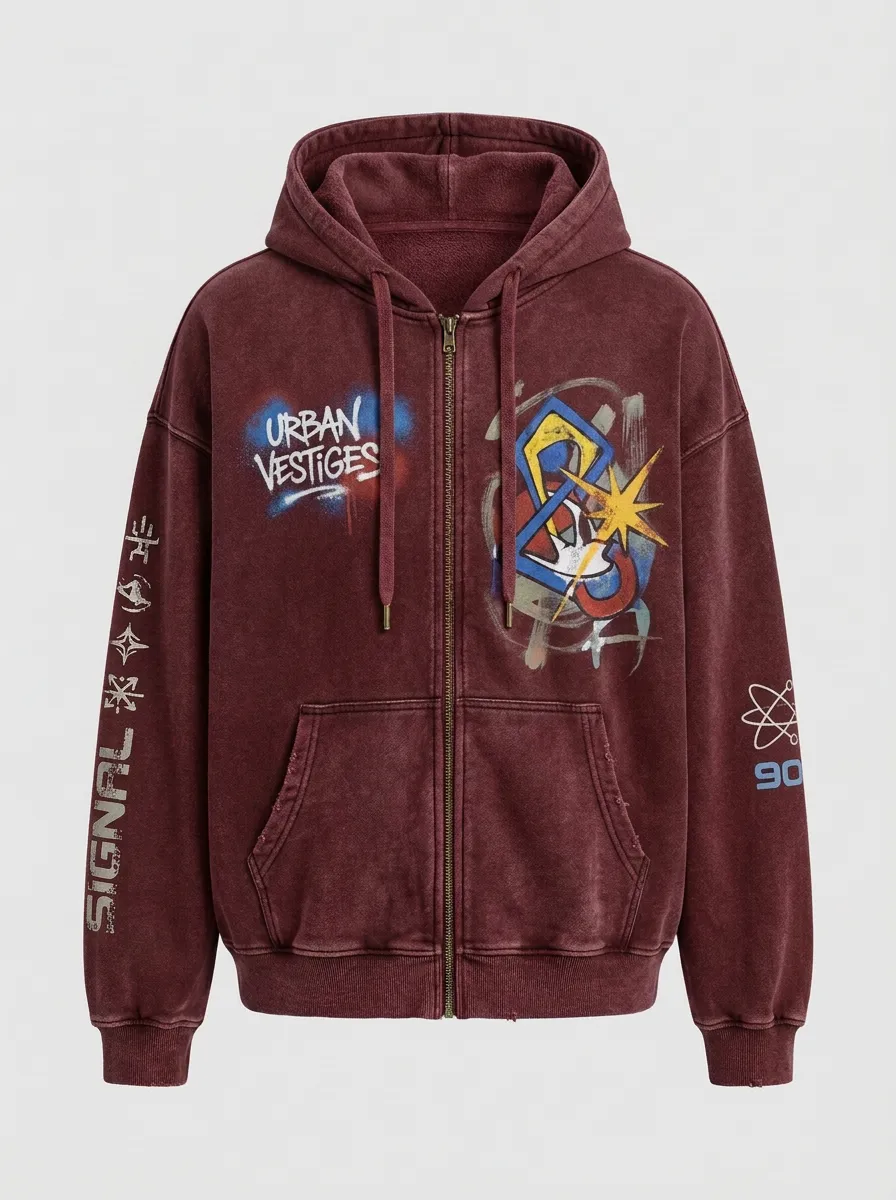 Unisex Streetwear Urban Vestiges Graffiti Printed Zip-up Hoodie