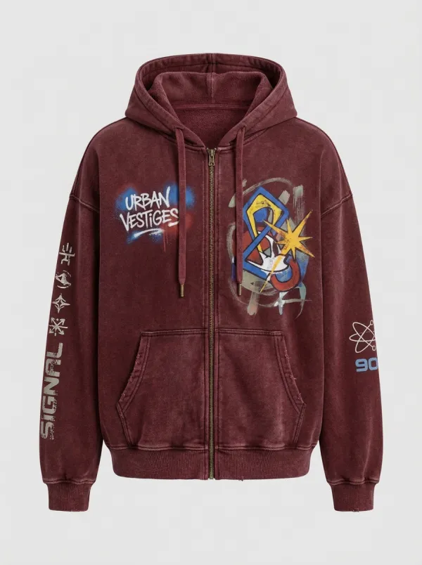 Unisex Streetwear Urban Vestiges Graffiti Printed Zip-up Hoodie