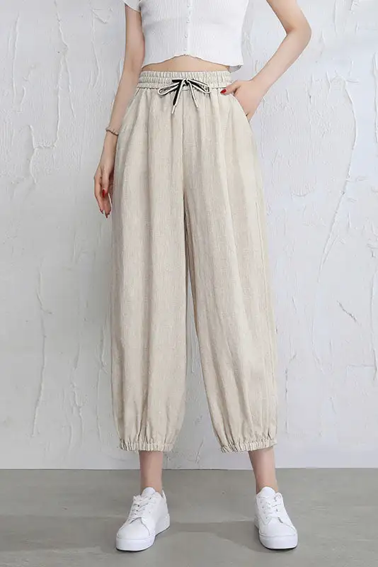 Refined Linen Wide Leg Cropped Elastic Waist Pocketed Trousers