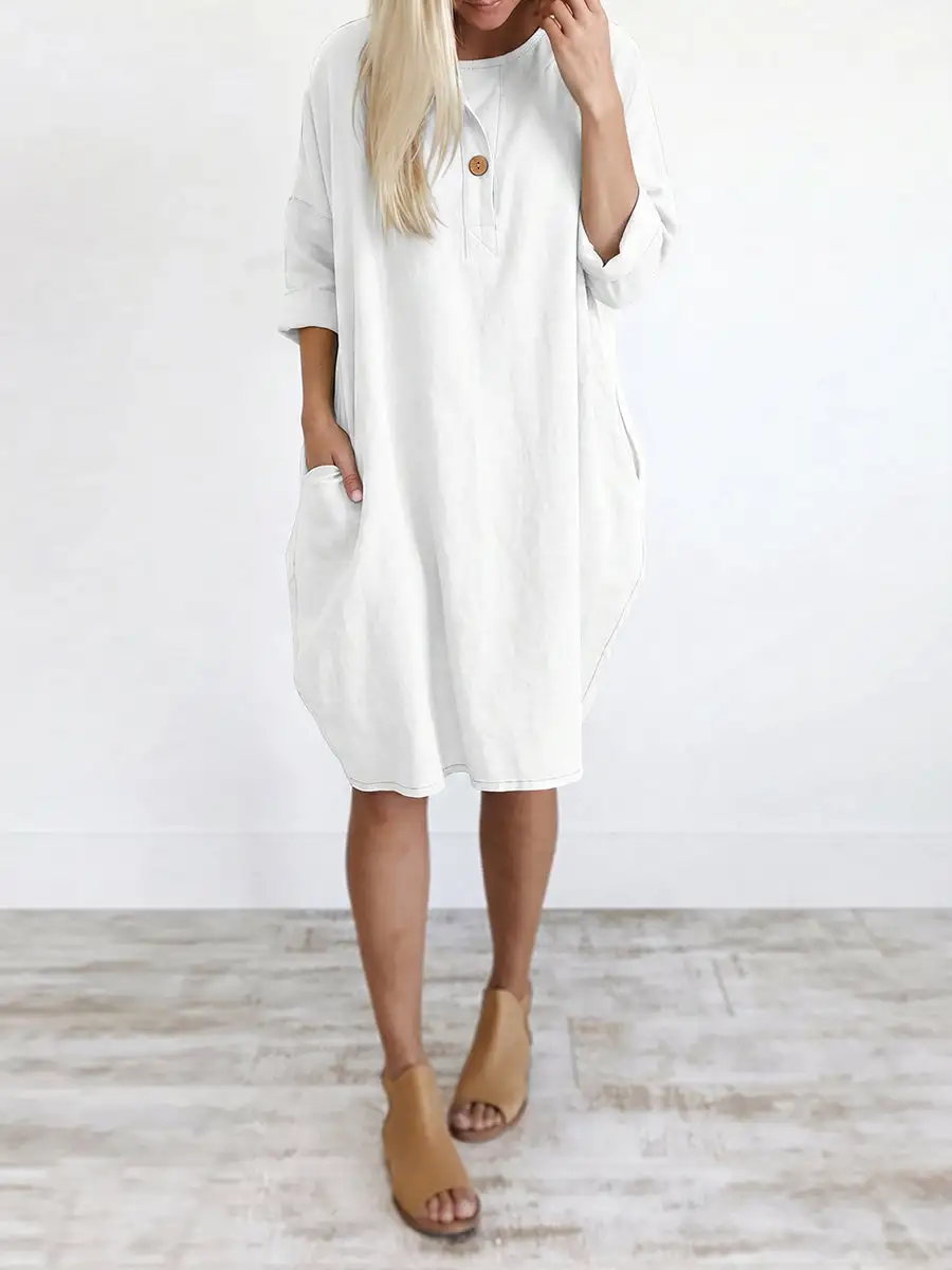 Long Sleeve Relaxed Pocket Solid Color Round Neck Mini Dress