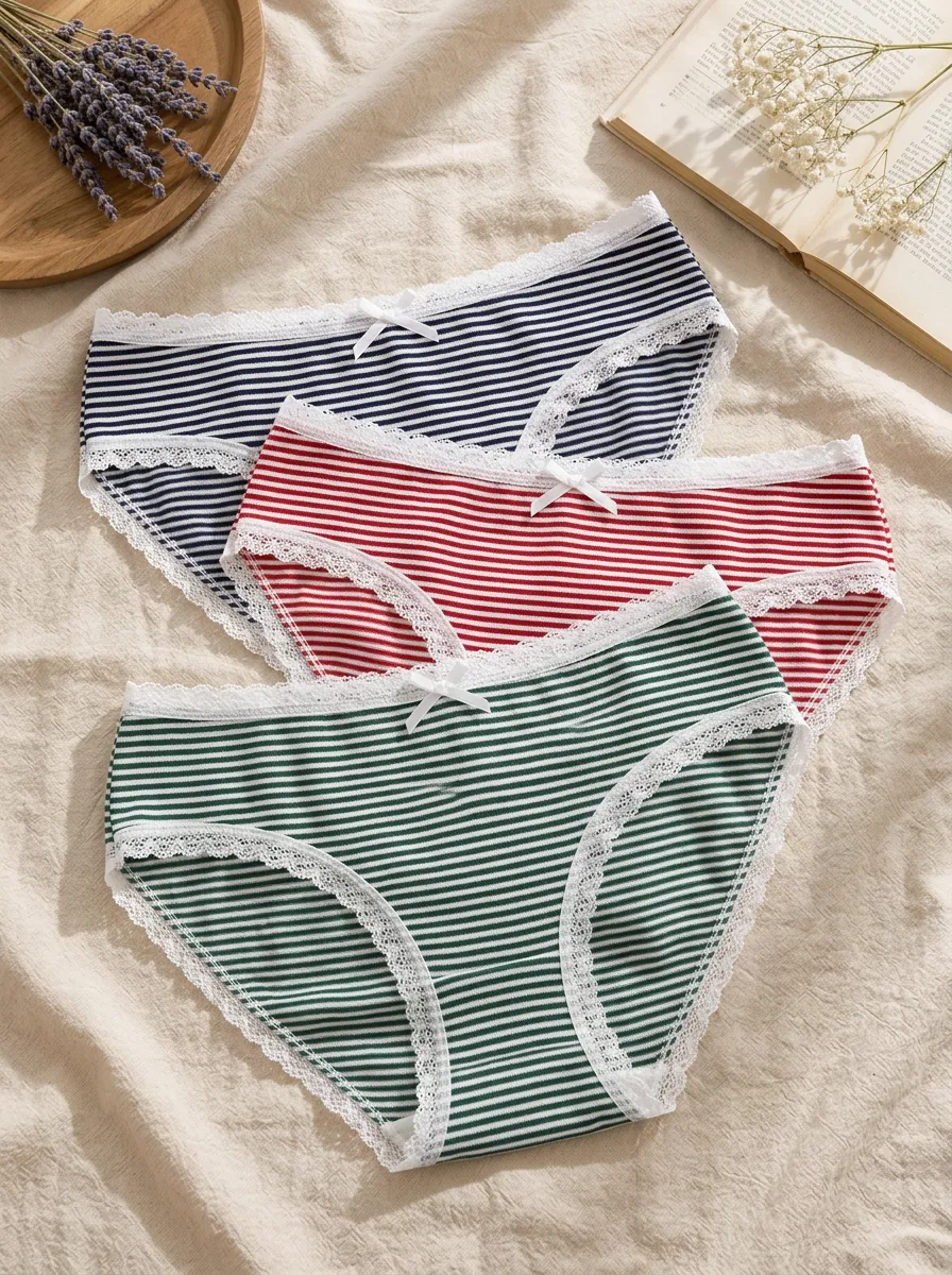 Women's Lace Trim Striped Printed 3-Piece Panty Set