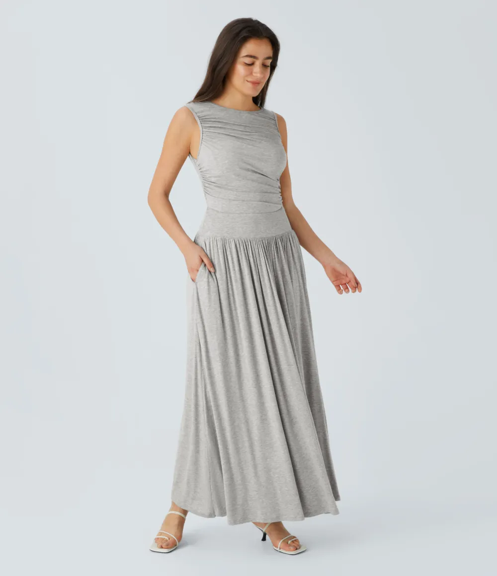 Ribbed Boat Neck Ruched Side Pocket Flowy Maxi Casual Dress