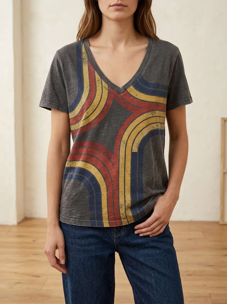 Women's Retro Rainbow Striped Printed V-neck T-shirt