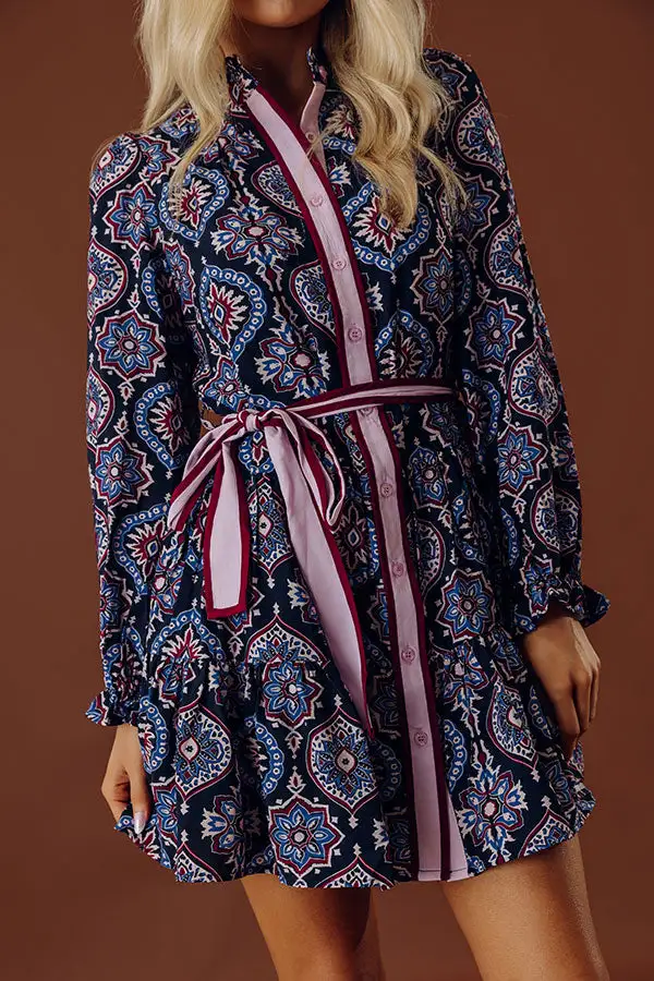 Ruffled Floral High Neck Long Sleeve Relaxed Mini Dress