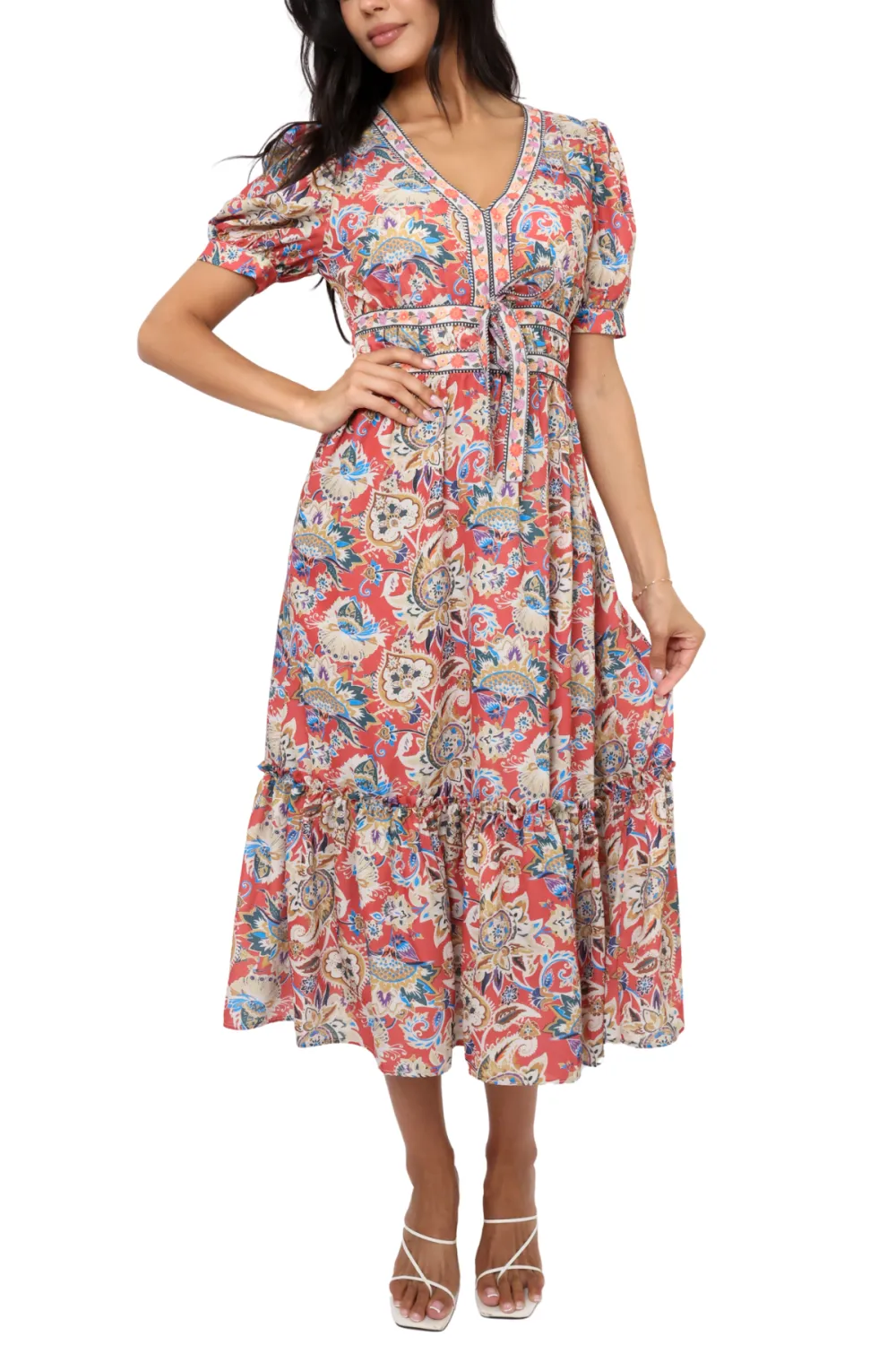 V Neck Short Sleeve Ruffle Hem Midi Dress