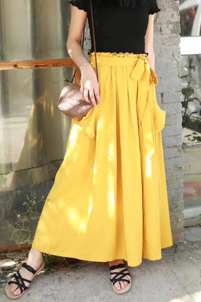 Versatile Linen Cotton Elastic Waist Maxi Skirt