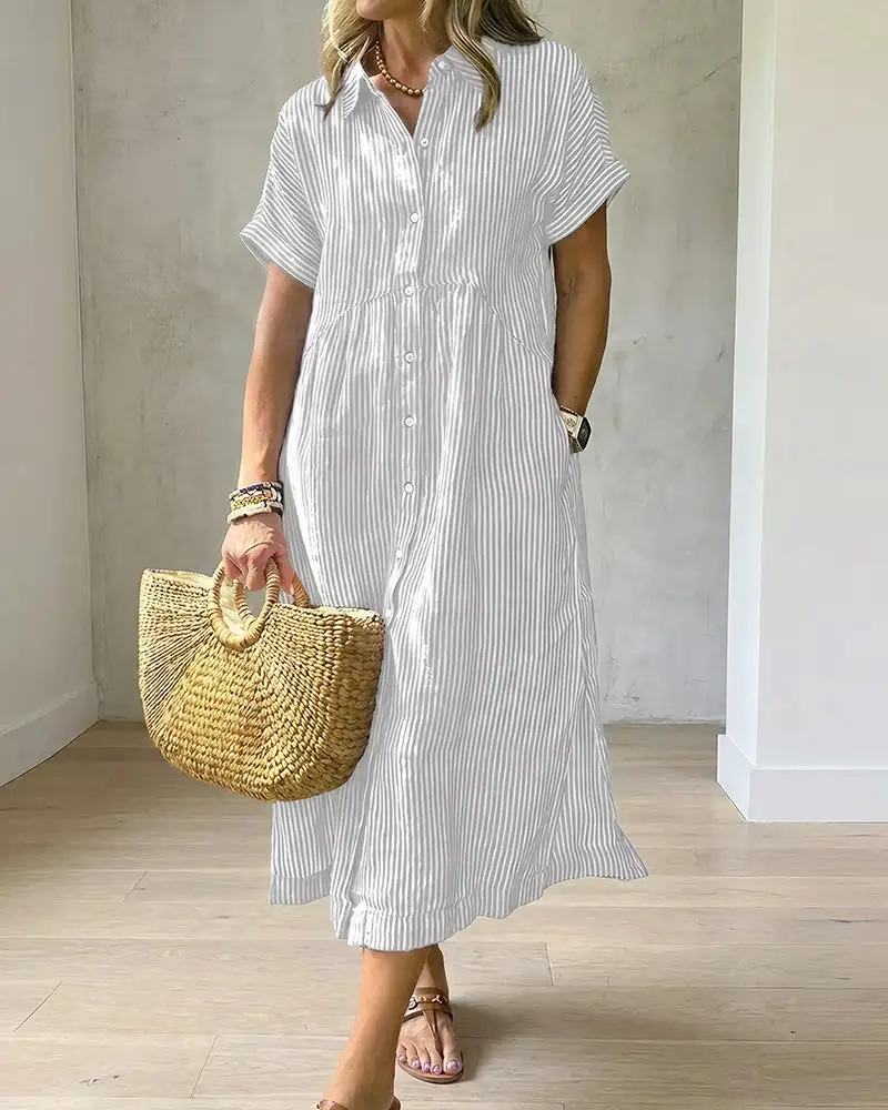 Casual Striped Short Sleeve Cotton Linen Shirt Midi Dress
