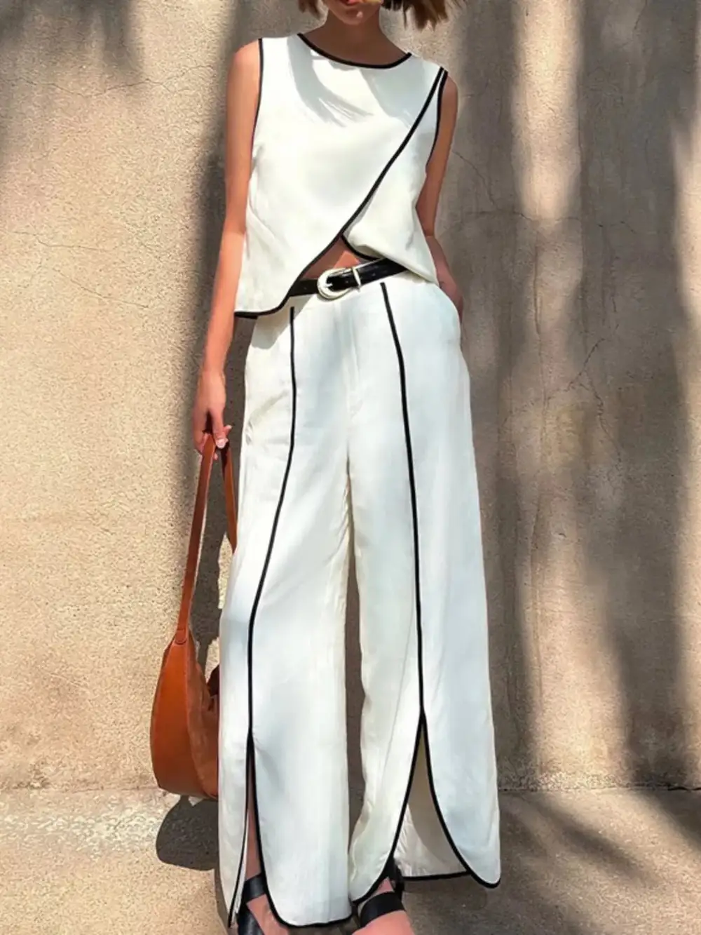 Contrast Trim Sleeveless Top and Wide Leg Pants Set