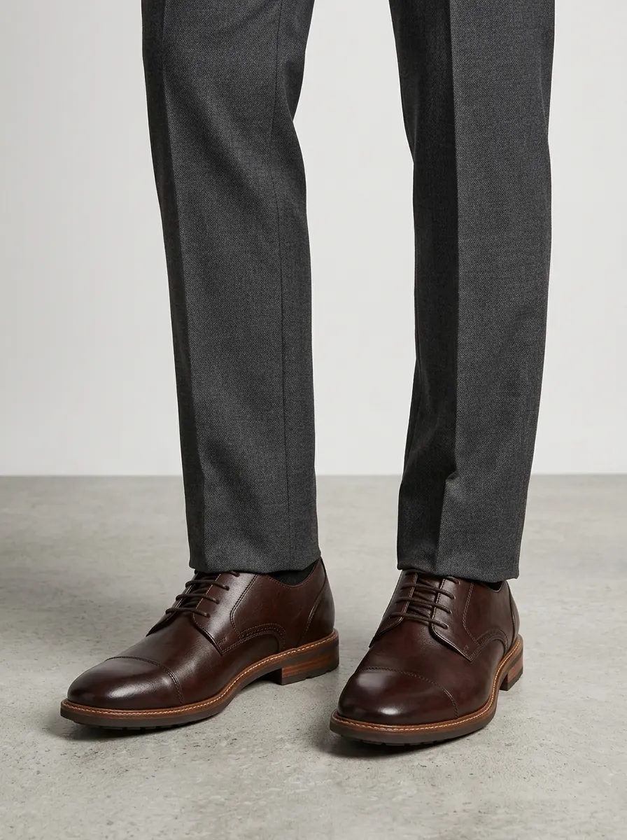 Men's Cap-Toe Brogue Lace-Up Leather Polished-Finish Oxford Shoes