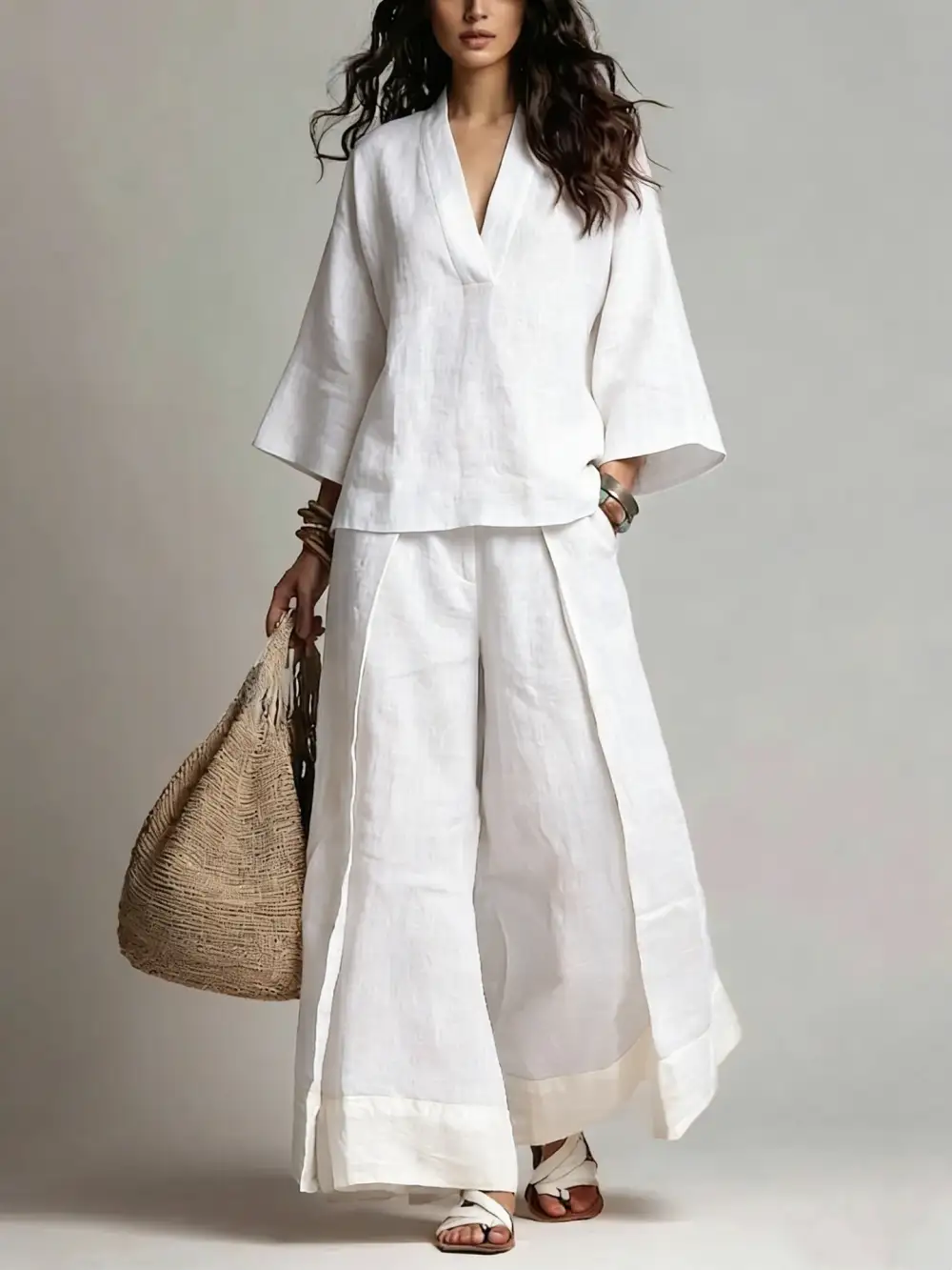 Wide-Leg V-Neck Denim Women's Matching Set