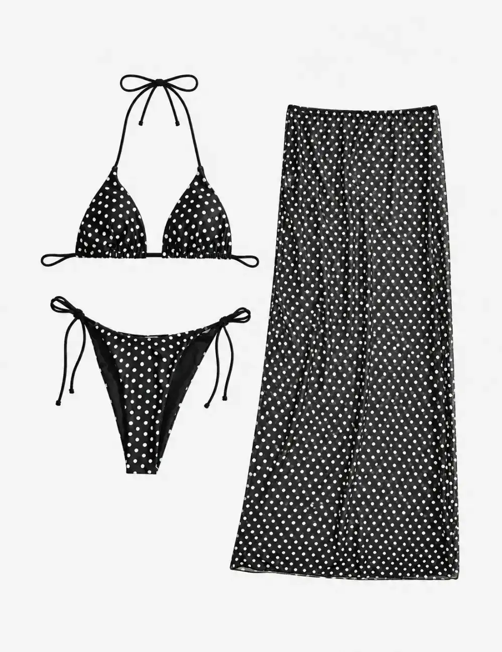 Polka Dots Halter Triangle Bikini Set with Salong