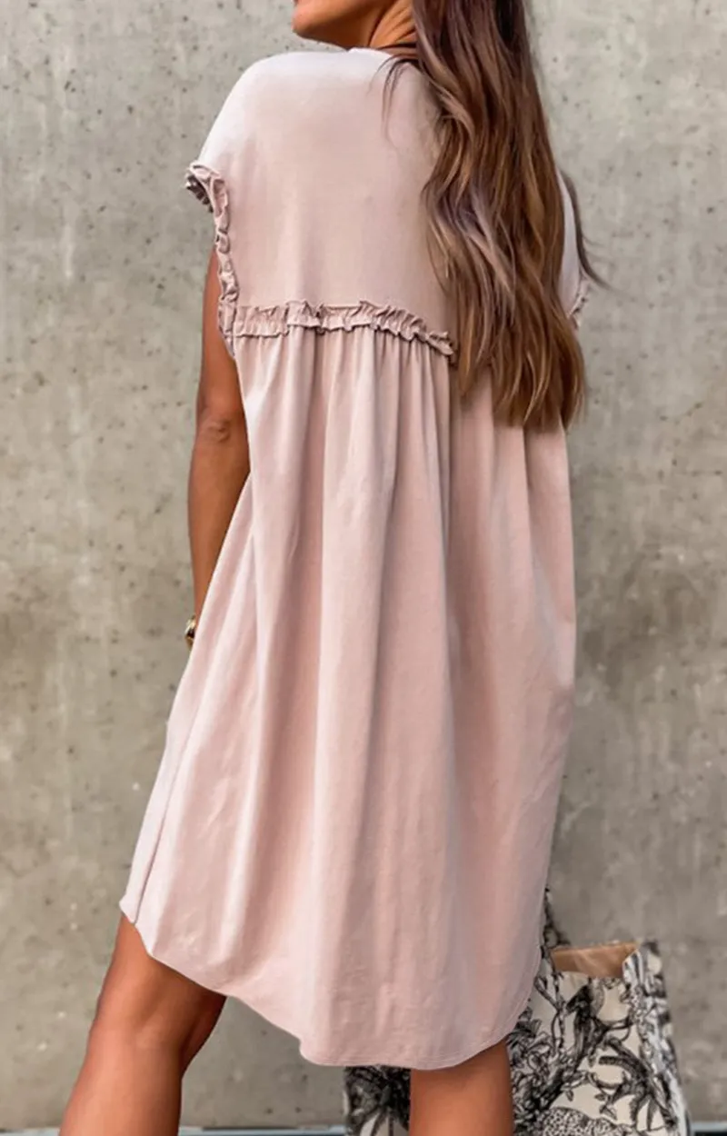Classic Frilled Trim Crew Neck Loose Fit Mini Dress