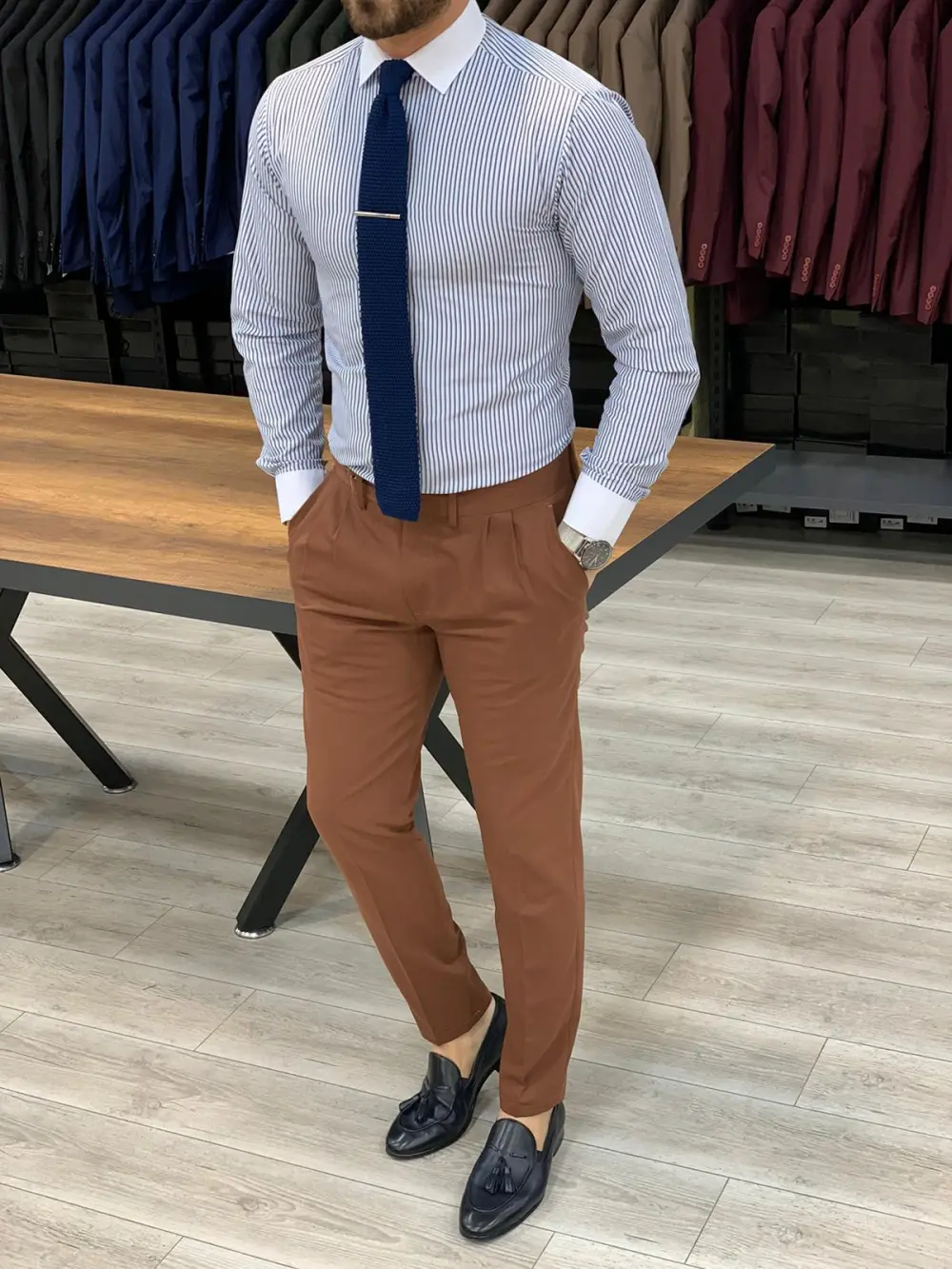Polished Slim Fit Pleated Tailored Trousers
