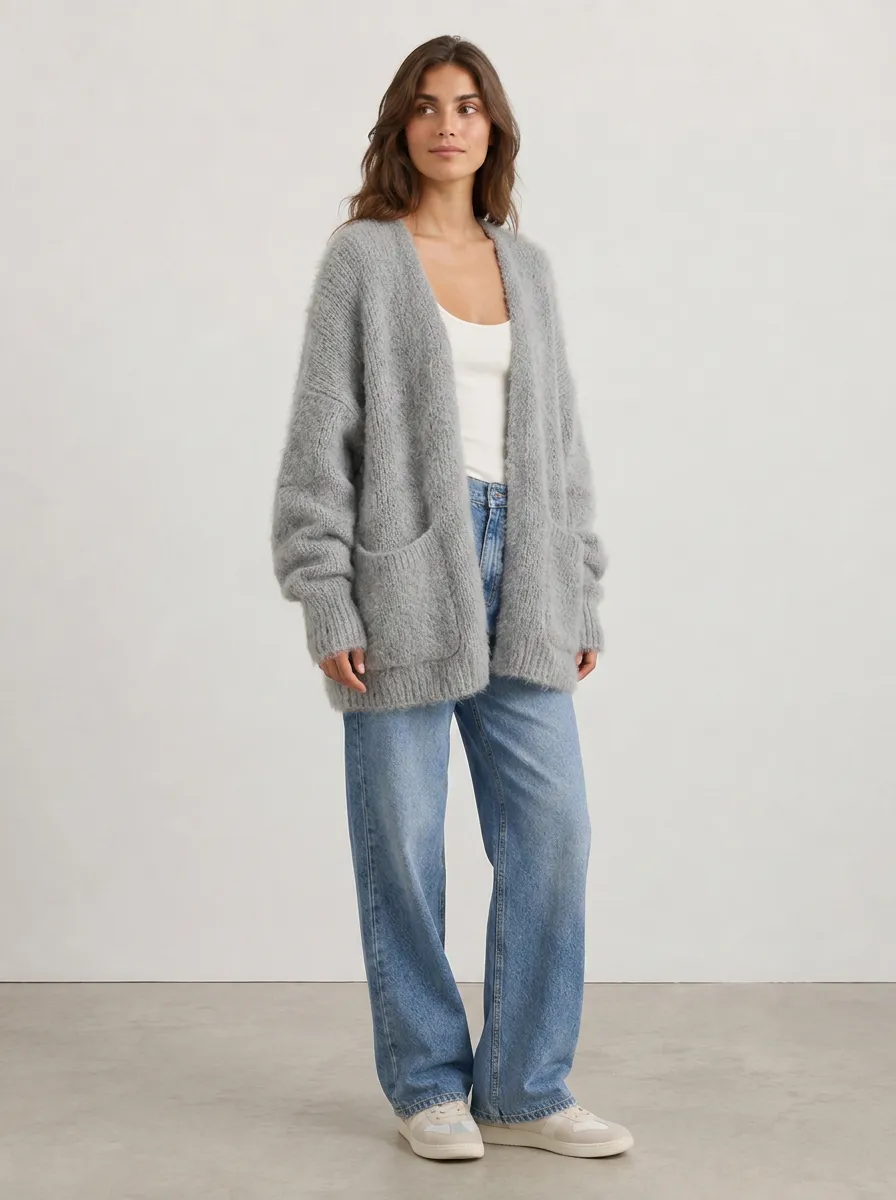 Women's Casual Oversized Grey Fuzzy Knit Cardigan Top